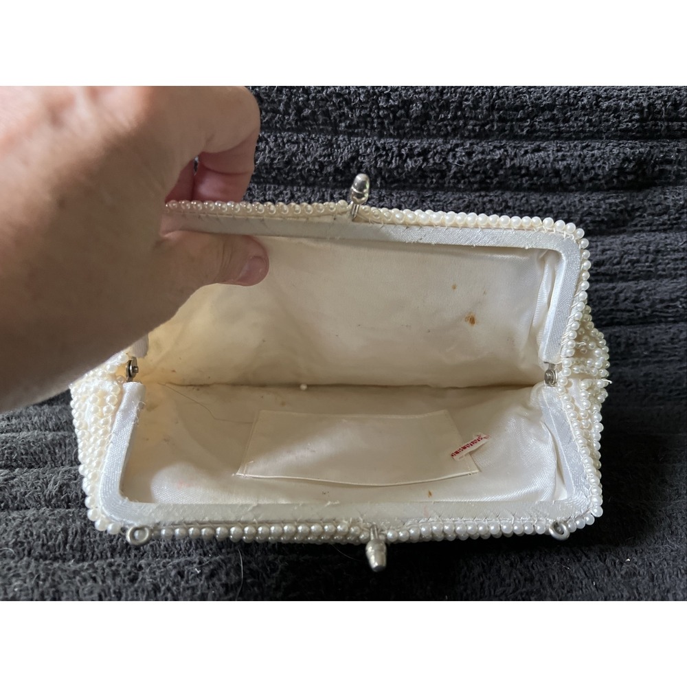 Vintage Made in Japan Faux Pearl & Gray Beaded Clutch Purse Evening Handbag Read - Picture 6 of 12